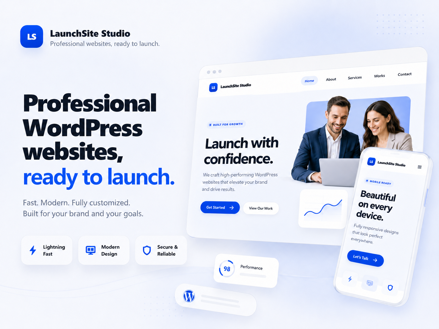 LaunchSite Studio hero graphic showing a professional website mockup with executives.