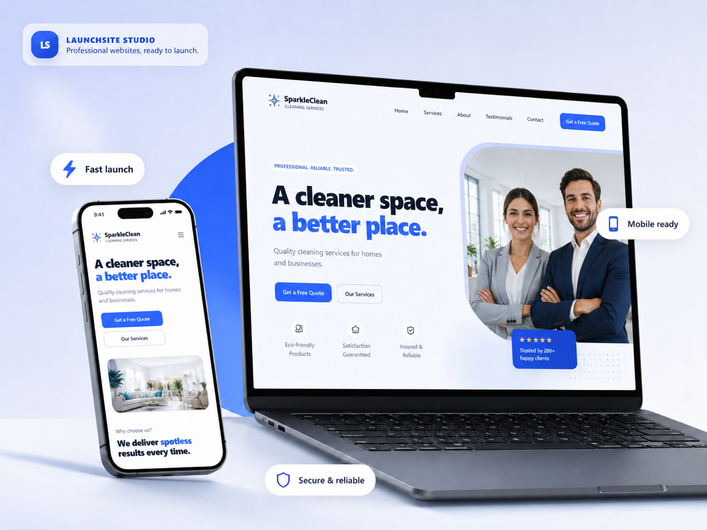 Responsive website showcase on laptop and mobile devices.