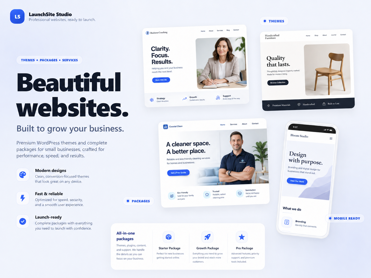 LaunchSite Studio themes, packages and services showcase graphic.